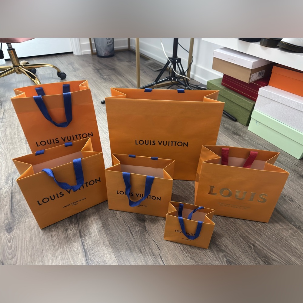 Louis Vuitton Orange Shopping Bags with Blue and Red Handles - Set